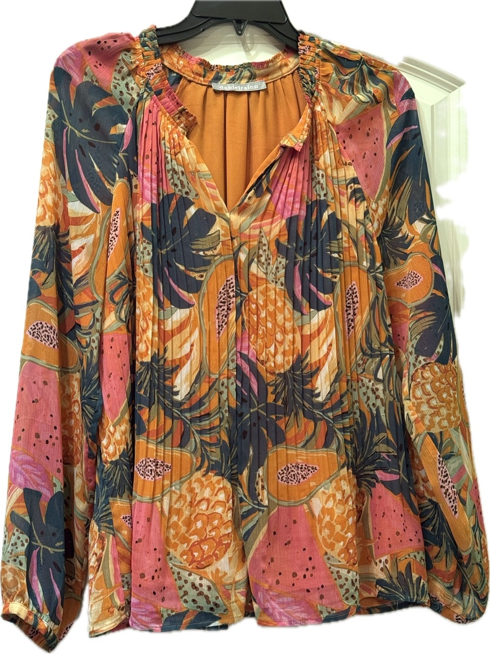 Daniel Rainn Tropical Pineapple Fruit Print Pleated Blouse